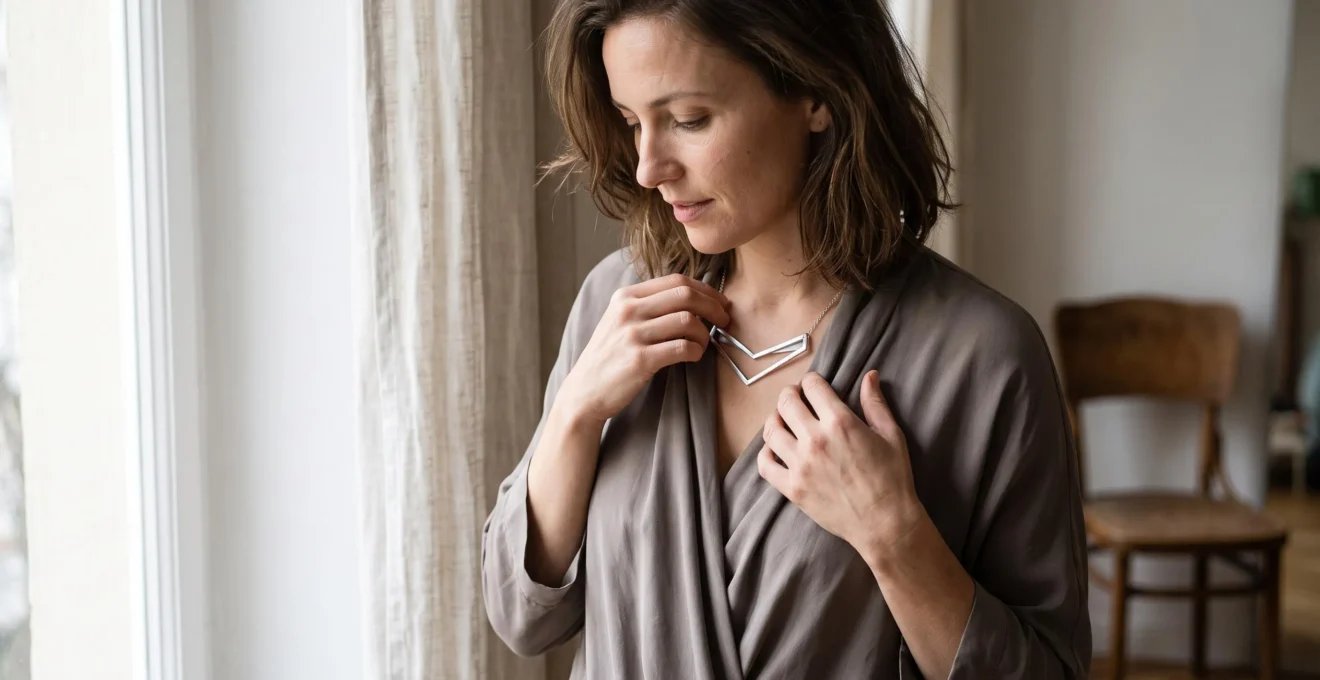 A woman adjusting an angular geometric silver pendant necklace against the soft draped fabric of her blouse near a window.