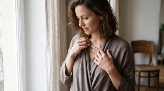 A woman adjusting an angular geometric silver pendant necklace against the soft draped fabric of her blouse near a window.
