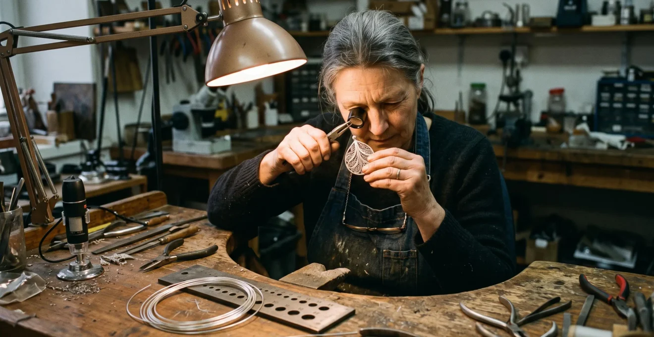 An artisan examines a silver filigree pendant through a jeweler's loupe at a workbench with a drawplate and fine silver wire.