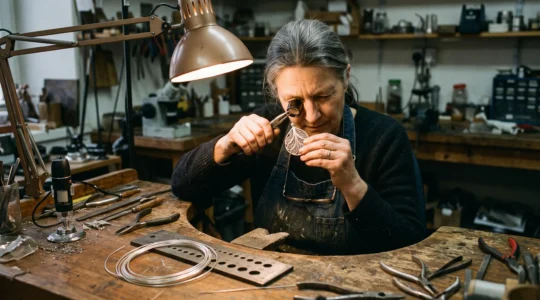 An artisan examines a silver filigree pendant through a jeweler's loupe at a workbench with a drawplate and fine silver wire.