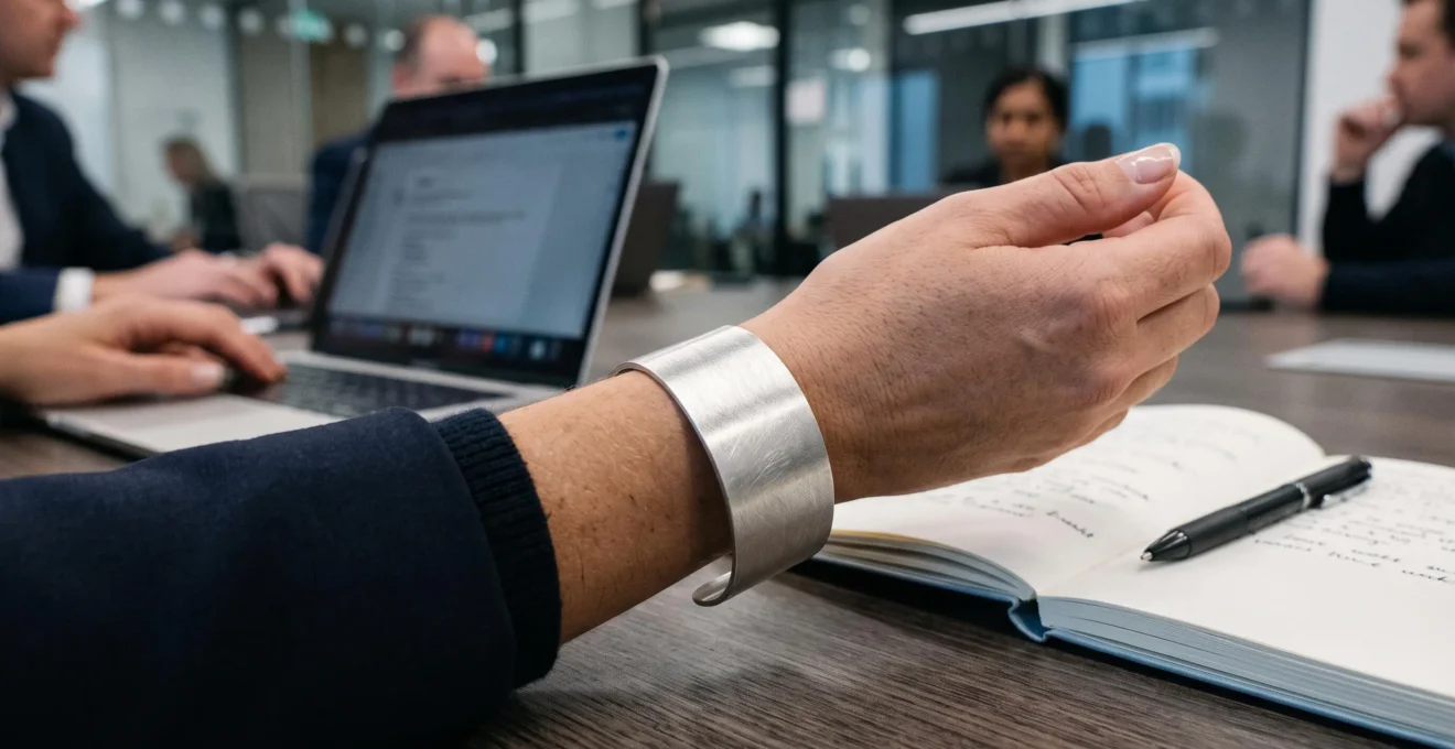 A brushed satin silver cuff bracelet on a woman's wrist tilts under office LED lighting, showing a soft sheen without glare in a meeting room.