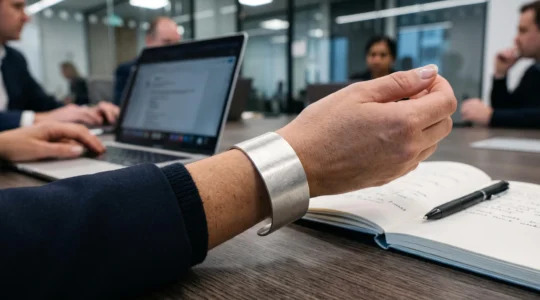 A brushed satin silver cuff bracelet on a woman's wrist tilts under office LED lighting, showing a soft sheen without glare in a meeting room.