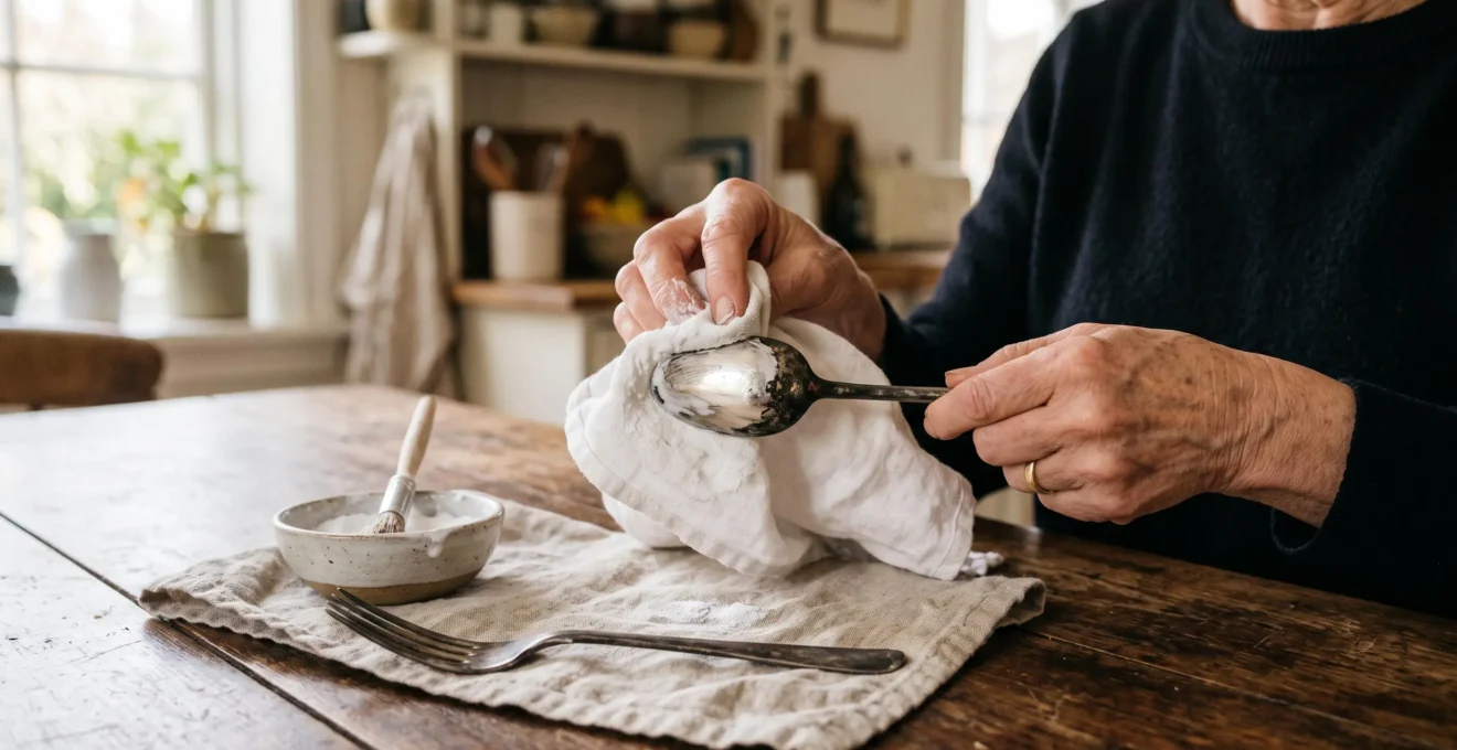 Hands polishing a tarnished silver spoon with baking soda paste and a soft cloth on a kitchen table.