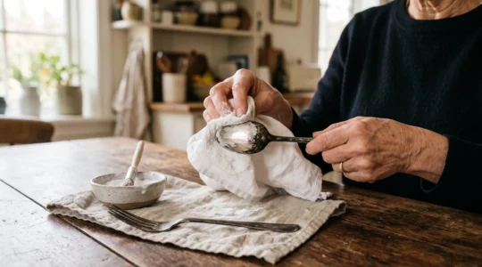 Hands polishing a tarnished silver spoon with baking soda paste and a soft cloth on a kitchen table.
