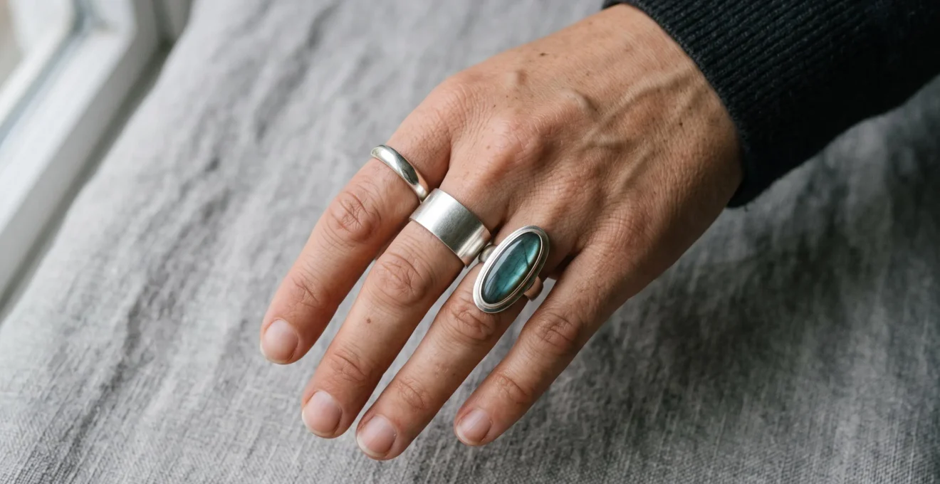 A woman's hand wearing three different silver ring styles, comparing band widths and stone shapes under natural light.