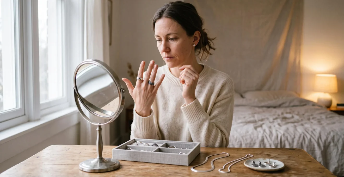 A woman comparing polished and oxidised silver rings on her hand at a vanity table with several silver jewelry pieces laid out.