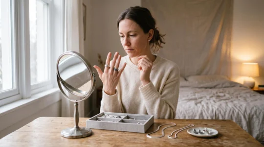 A woman comparing polished and oxidised silver rings on her hand at a vanity table with several silver jewelry pieces laid out.