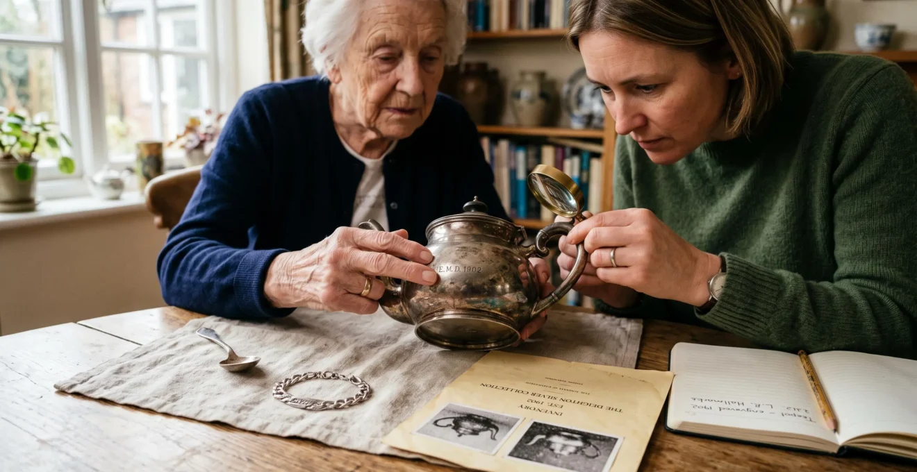 A grandmother and her granddaughter examine engraved hallmarks on inherited silver pieces at a dining table, with a provenance sheet and notebook nearby.
