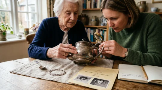 A grandmother and her granddaughter examine engraved hallmarks on inherited silver pieces at a dining table, with a provenance sheet and notebook nearby.