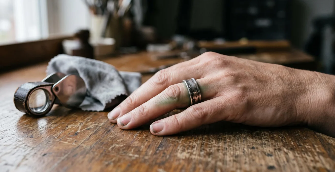 A hand wearing a tarnished sterling silver ring shows a faint green mark on the skin beneath the band, next to a jeweler's loupe and polishing cloth on a wooden table.