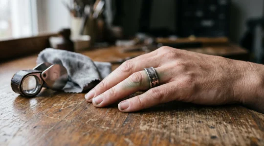 A hand wearing a tarnished sterling silver ring shows a faint green mark on the skin beneath the band, next to a jeweler's loupe and polishing cloth on a wooden table.
