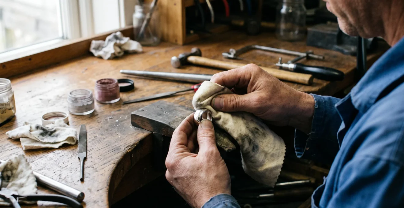 A person polishing a silver ring with a soft cloth on a jeweller's workbench, the metal reflecting light in long even passes.