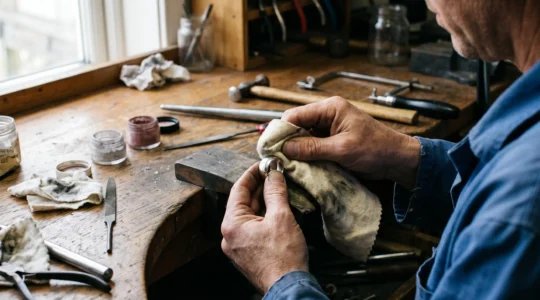 A person polishing a silver ring with a soft cloth on a jeweller's workbench, the metal reflecting light in long even passes.