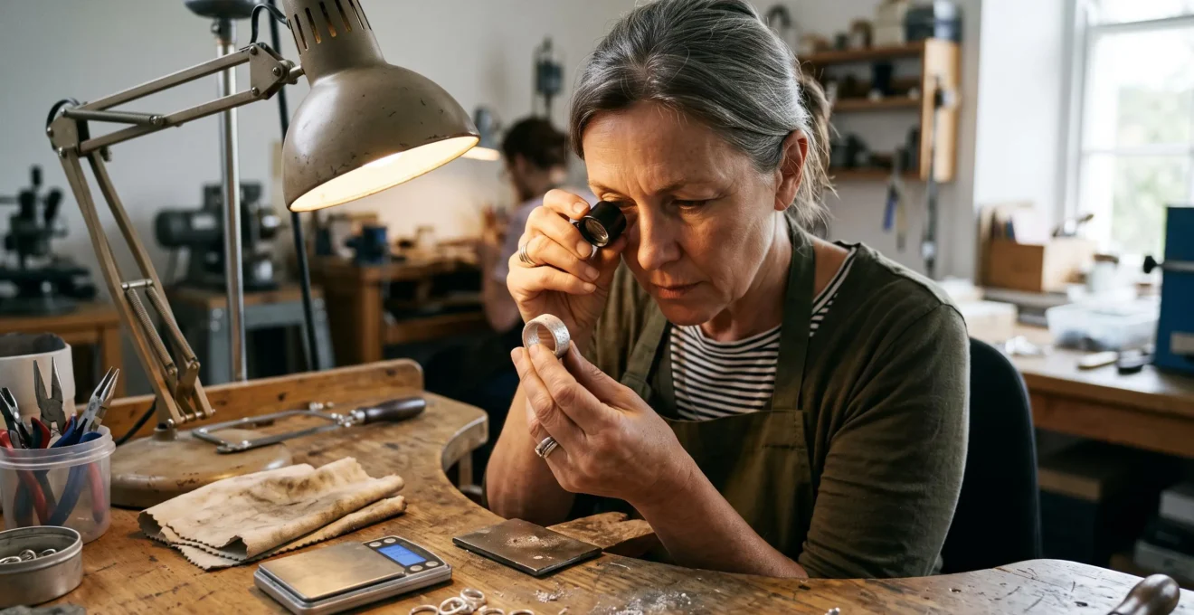A buyer inspecting a cast silver ring through a 10x jeweller's loupe under raking light at a workshop bench.