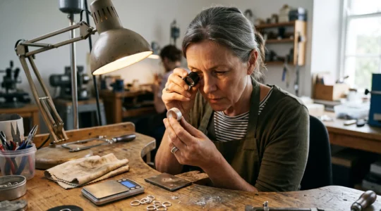 A buyer inspecting a cast silver ring through a 10x jeweller's loupe under raking light at a workshop bench.