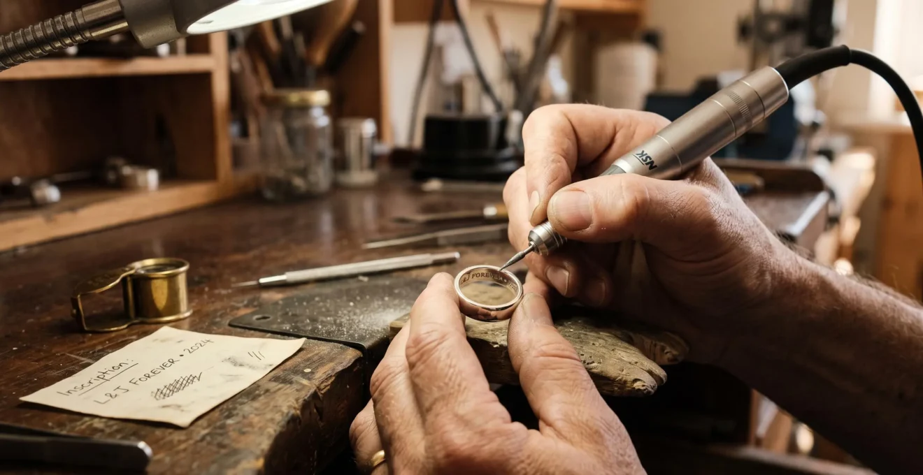 A jeweler engraving a short message on the inner band of a silver ring at a workshop bench.