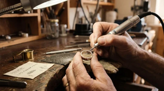 A jeweler engraving a short message on the inner band of a silver ring at a workshop bench.