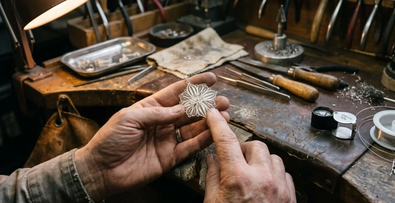 A jeweler's hands supporting a hair-thin silver wire pendant over a workbench while examining its fine structure.