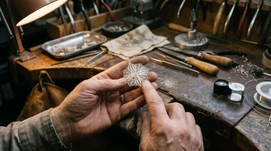 A jeweler's hands supporting a hair-thin silver wire pendant over a workbench while examining its fine structure.