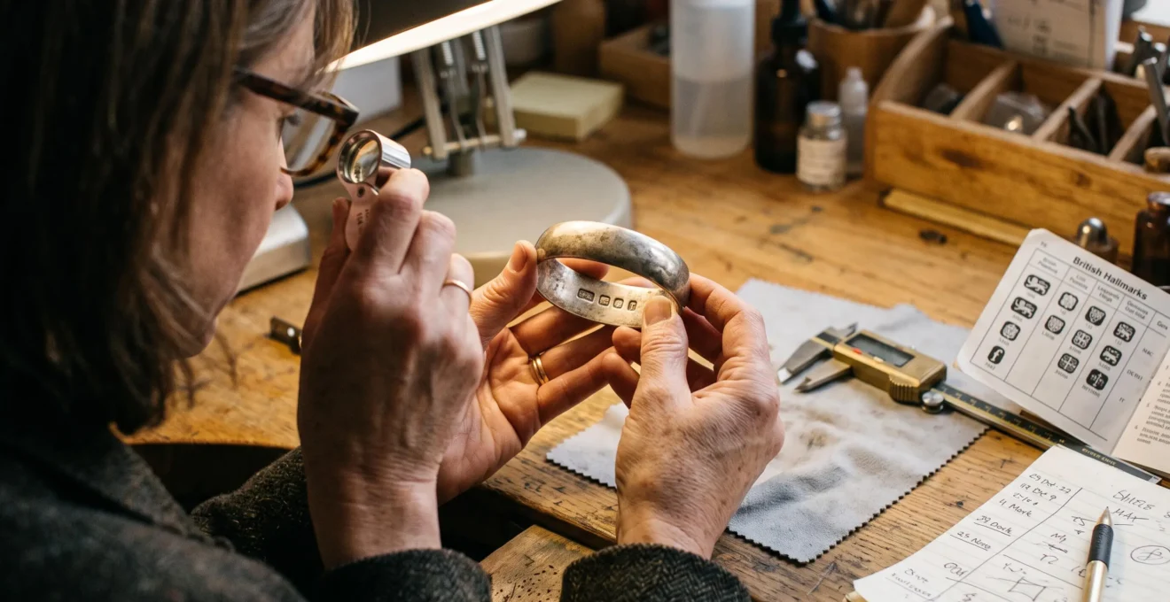 A jeweler examines hallmarks on an antique silver bracelet with a loupe under angled lighting on a workbench.
