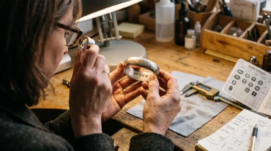 A jeweler examines hallmarks on an antique silver bracelet with a loupe under angled lighting on a workbench.