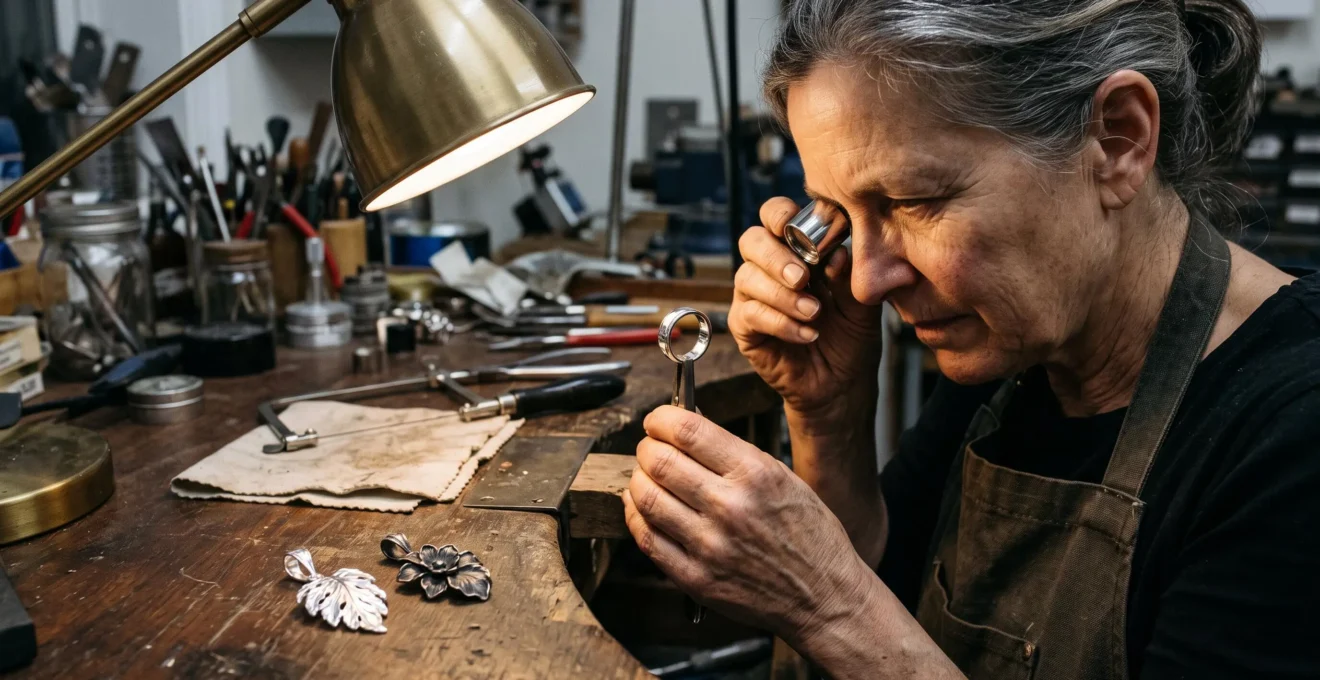 A jeweler inspects a bright rhodium-plated silver ring under a desk lamp next to tarnished unplated silver pendants on a workshop bench.
