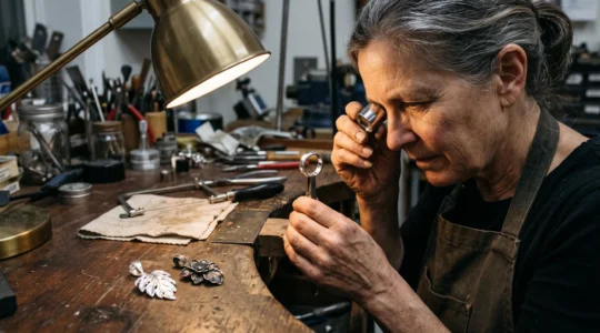A jeweler inspects a bright rhodium-plated silver ring under a desk lamp next to tarnished unplated silver pendants on a workshop bench.
