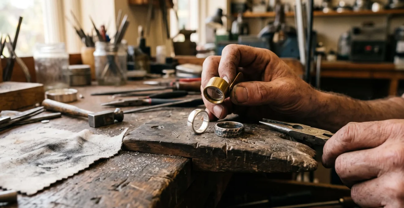 A jeweller examines a fine silver ring and a sterling silver ring side by side on a workshop bench, comparing their surface finish under a loupe.
