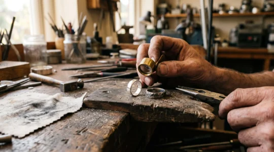 A jeweller examines a fine silver ring and a sterling silver ring side by side on a workshop bench, comparing their surface finish under a loupe.