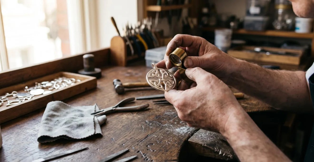 A jeweller examines a silver Celtic knot pendant with a loupe on a workshop bench.