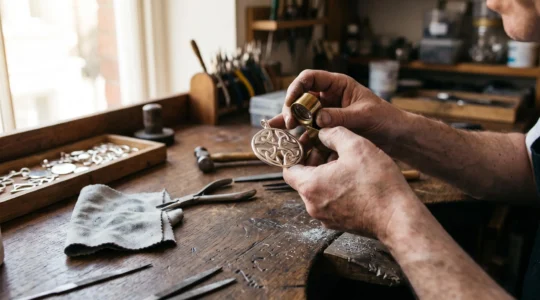 A jeweller examines a silver Celtic knot pendant with a loupe on a workshop bench.
