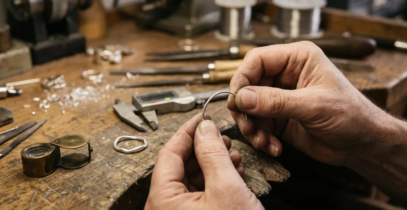 A jeweller's hands gently flex a thin silver ring band on a workbench next to a caliper and a loupe in a workshop.