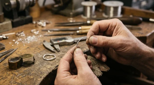 A jeweller's hands gently flex a thin silver ring band on a workbench next to a caliper and a loupe in a workshop.