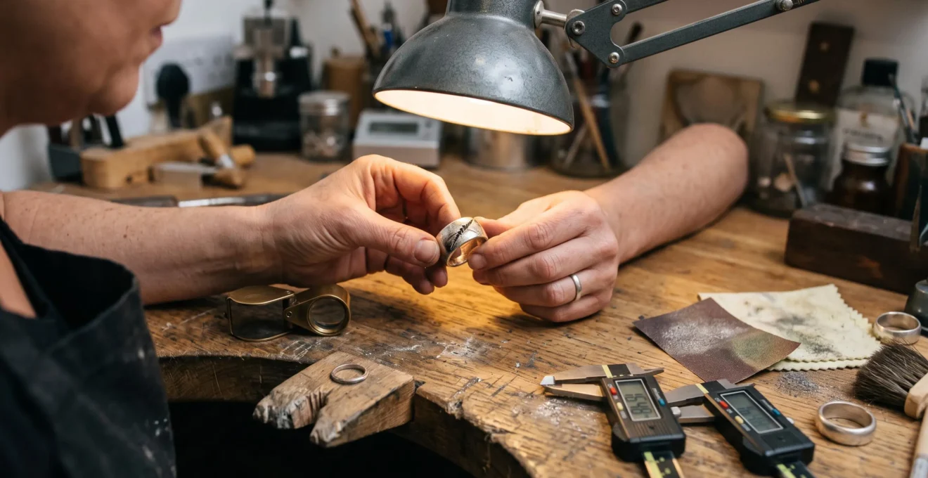 A jeweller inspecting a deeply scratched silver ring under a bench lamp with a loupe on a workshop bench.
