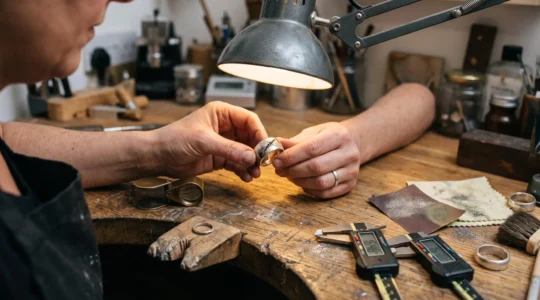 A jeweller inspecting a deeply scratched silver ring under a bench lamp with a loupe on a workshop bench.