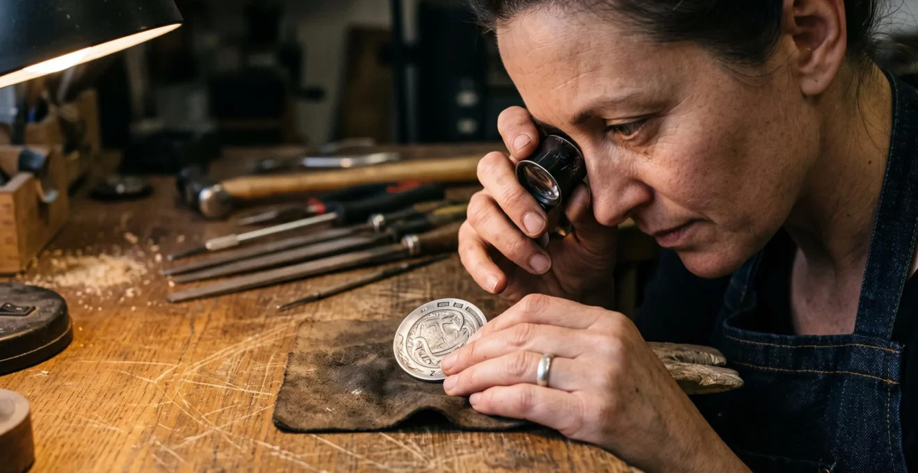 A jeweller examines an engraved sterling silver piece through a 10x loupe under low-angle light at a workbench, checking the depth of fine engraved details.