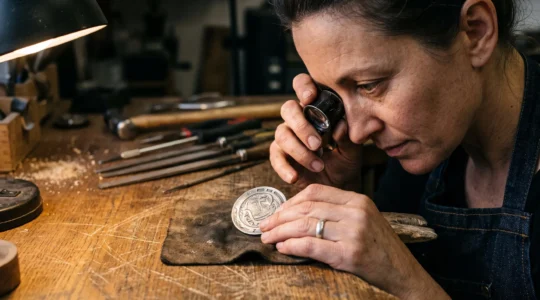 A jeweller examines an engraved sterling silver piece through a 10x loupe under low-angle light at a workbench, checking the depth of fine engraved details.