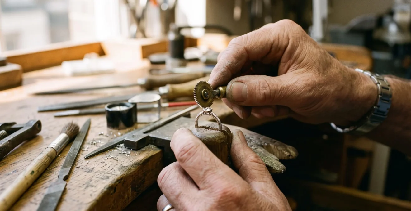 A jeweller rolling a millgrain wheel along the platinum rim of a ring setting to form a fine beaded edge at a workbench.