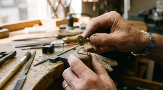 A jeweller rolling a millgrain wheel along the platinum rim of a ring setting to form a fine beaded edge at a workbench.