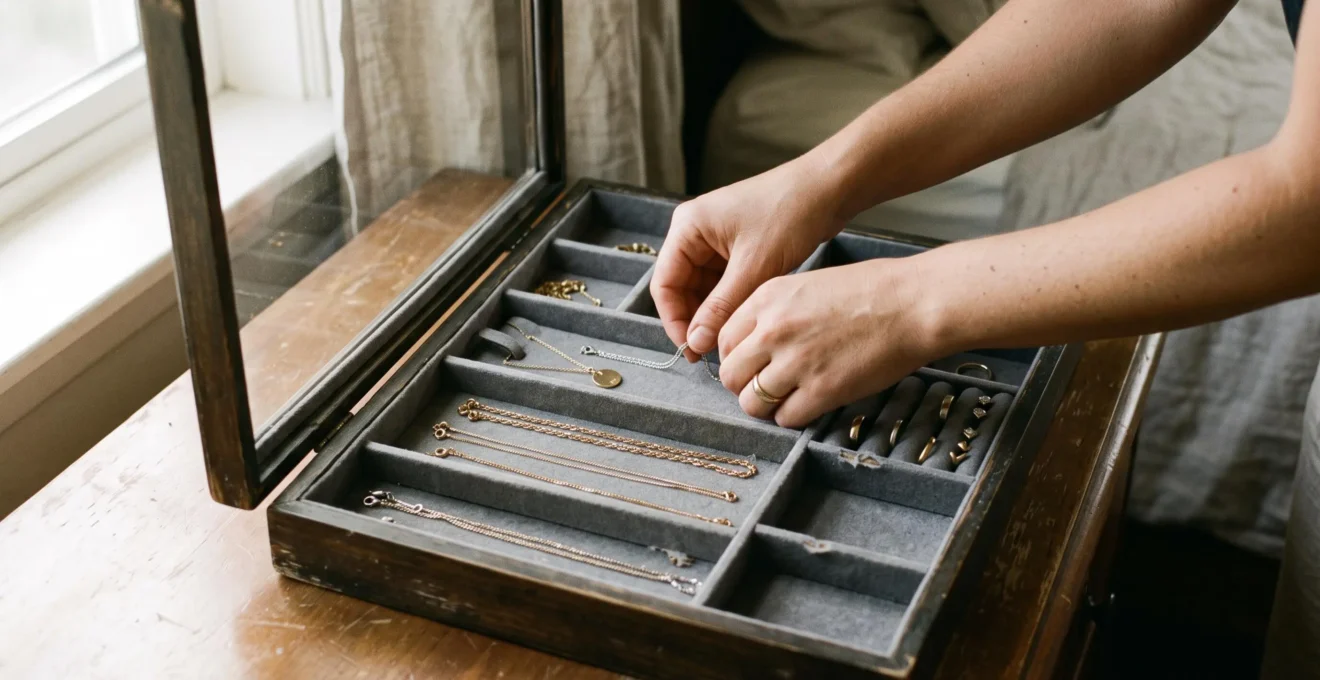 Hands placing necklaces into separate felt-lined compartments of an open jewelry storage box on a wooden dresser
