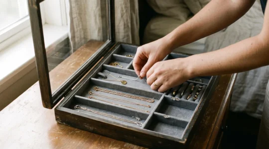 Hands placing necklaces into separate felt-lined compartments of an open jewelry storage box on a wooden dresser