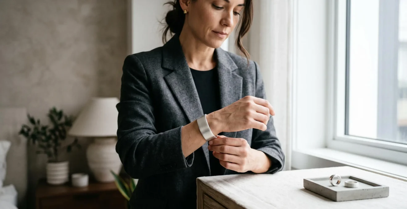 A woman fastening a matte brushed silver cuff bracelet beside a tray holding polished and sandblasted silver rings in soft morning light.