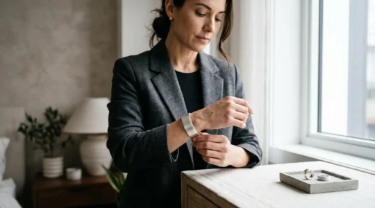 A woman fastening a matte brushed silver cuff bracelet beside a tray holding polished and sandblasted silver rings in soft morning light.