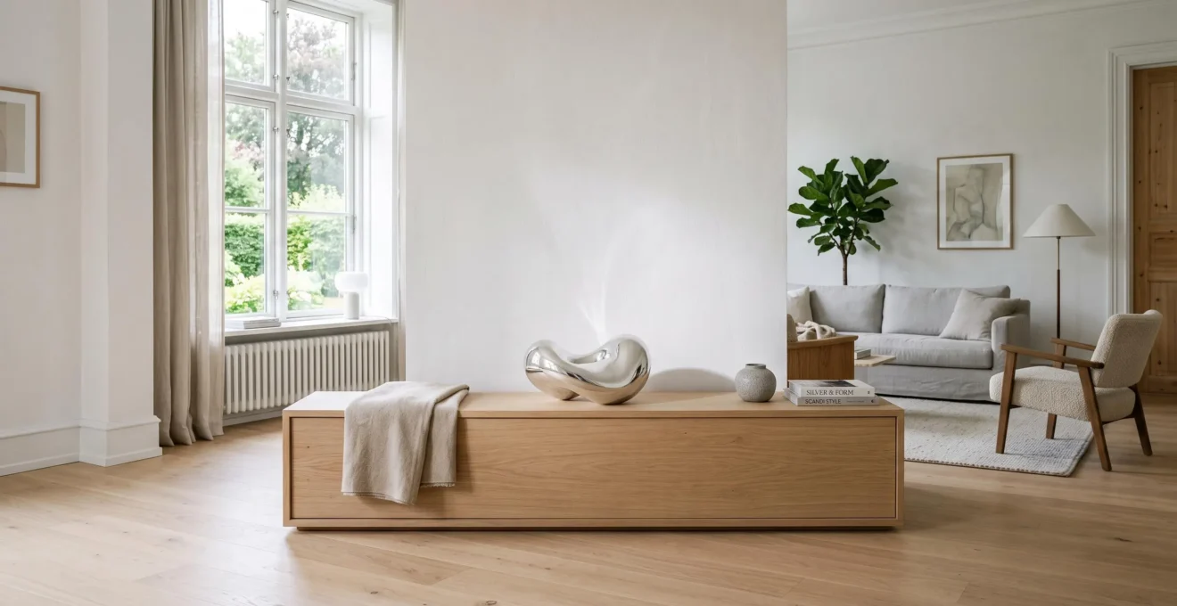 A minimalist living room with a single sculptural silver ornament displayed on a light wood console against a white wall.