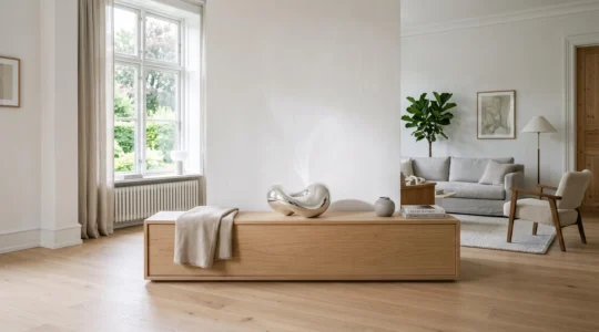 A minimalist living room with a single sculptural silver ornament displayed on a light wood console against a white wall.