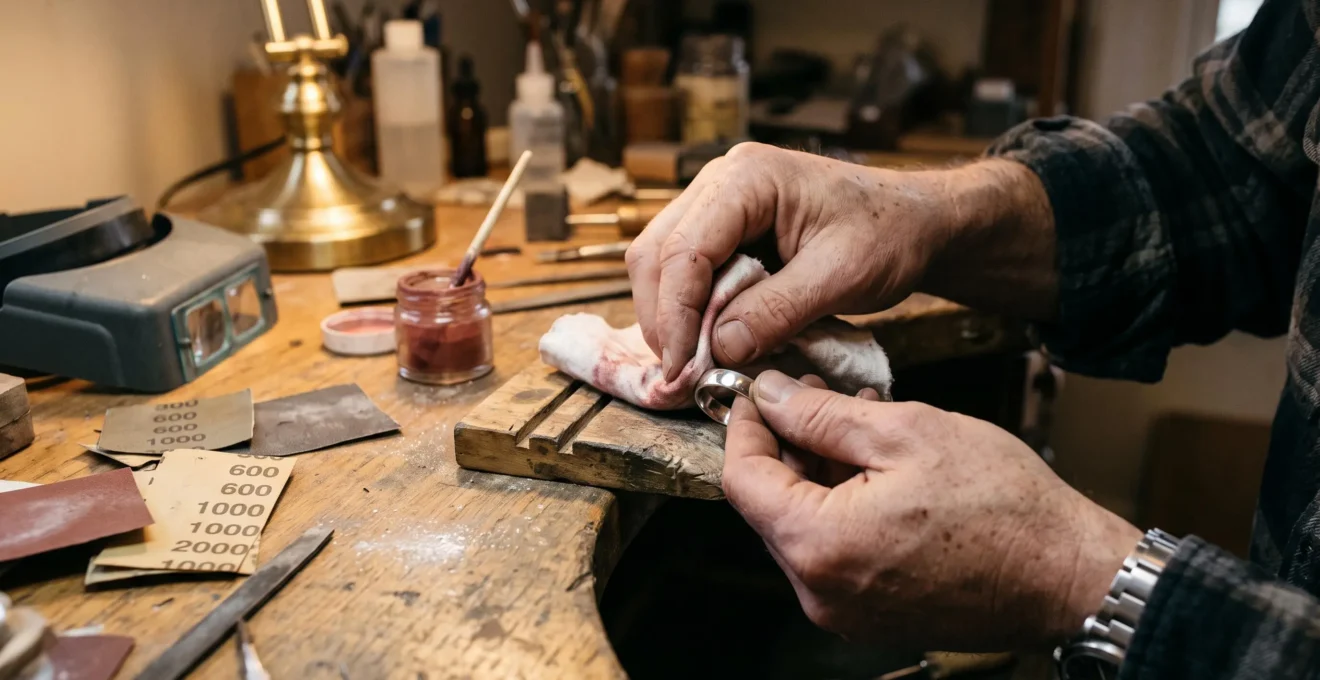 Hands rubbing a silver ring with red polishing rouge on a wooden workbench, the metal partly showing a bright mirror finish under raking light.