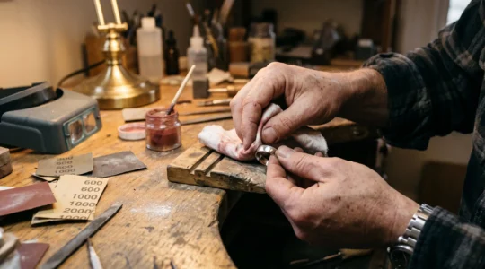 Hands rubbing a silver ring with red polishing rouge on a wooden workbench, the metal partly showing a bright mirror finish under raking light.