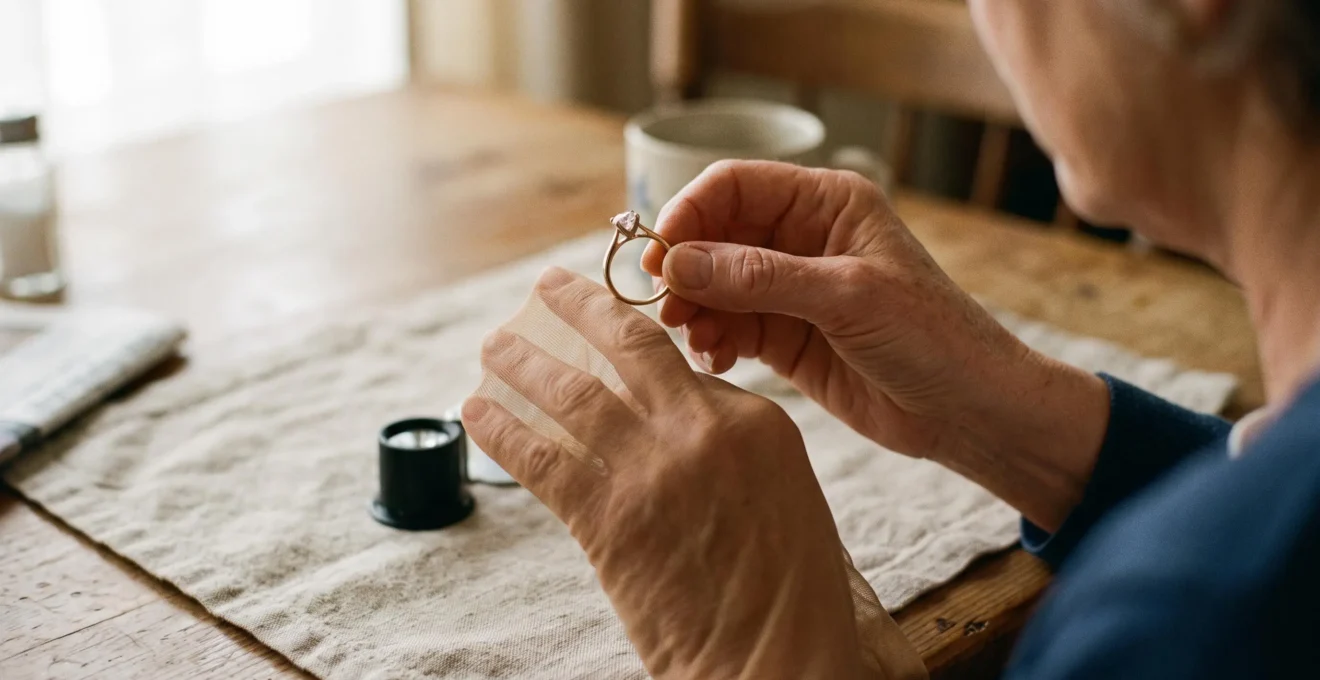 A woman runs her prong-set ring over a nylon stocking to check whether the prong tips snag, at a kitchen table in natural light.