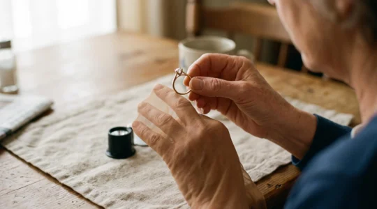 A woman runs her prong-set ring over a nylon stocking to check whether the prong tips snag, at a kitchen table in natural light.