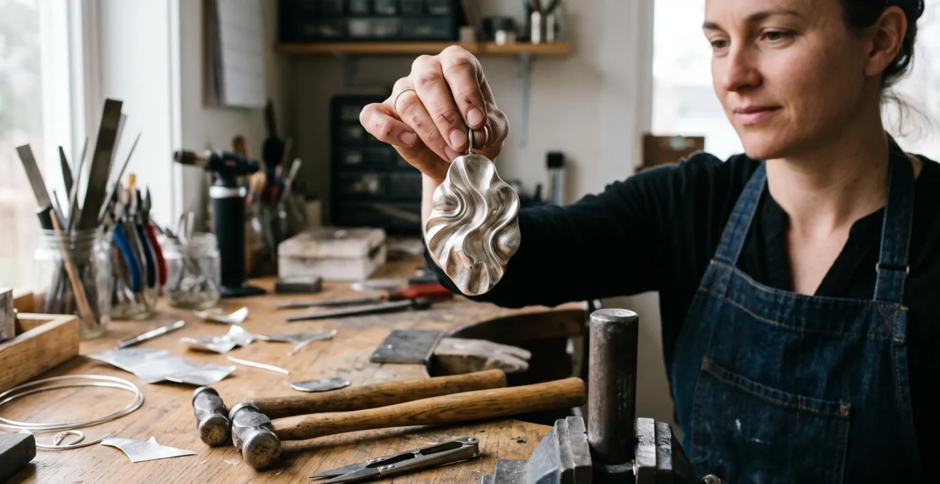 A metalsmith holds a sculptural hollow-formed silver pendant up to the light in a studio, with forming hammers and silver sheet on the workbench below.